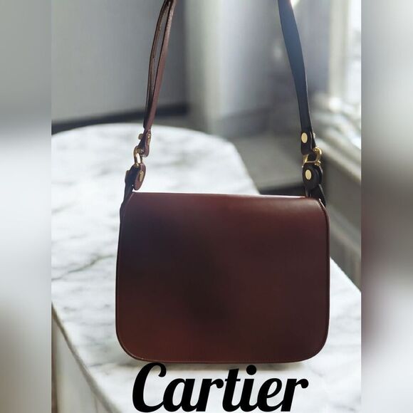 Cartier BORDEAUX and Gold Shoulder SADDLE Bag with Flap Closure VINTAGE - Picture 1 of 16
